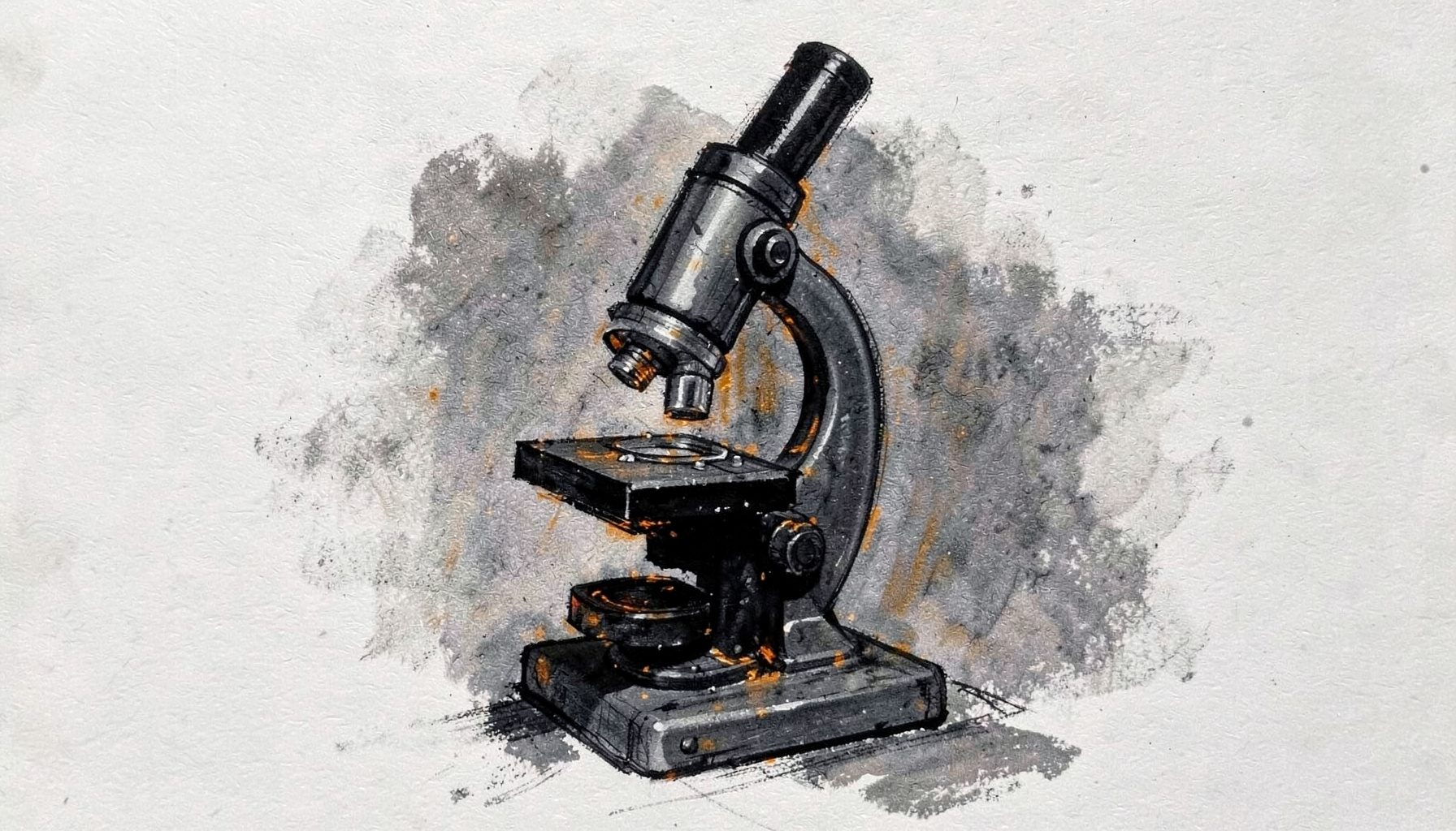 Bold charcoal drawing of a laboratory microscope in deep grey and slate tones with warm amber highlights.