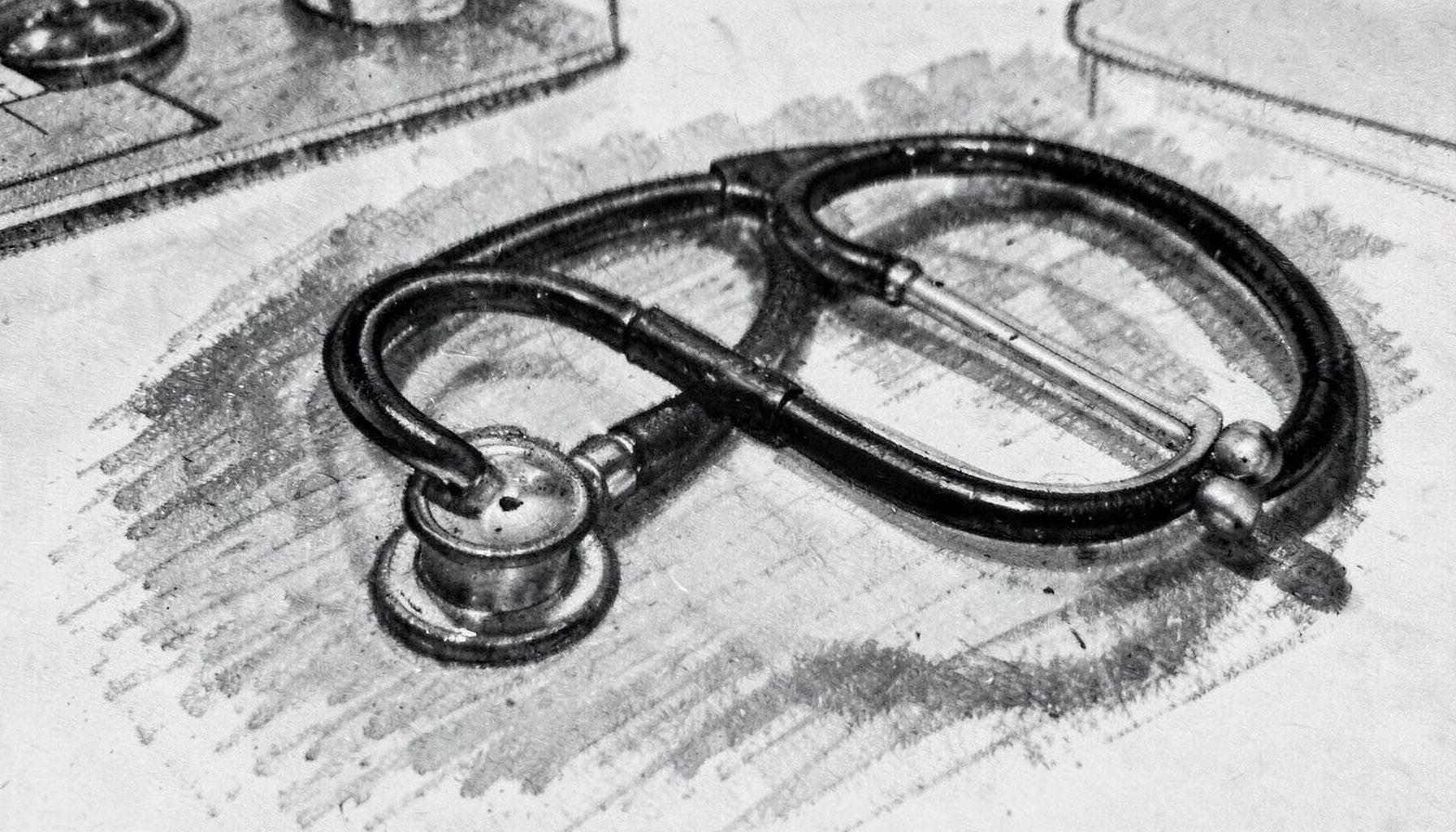 Bold charcoal sketch of a stethoscope resting on a desk, dark grey and soft black tones, editorial and quiet mood.