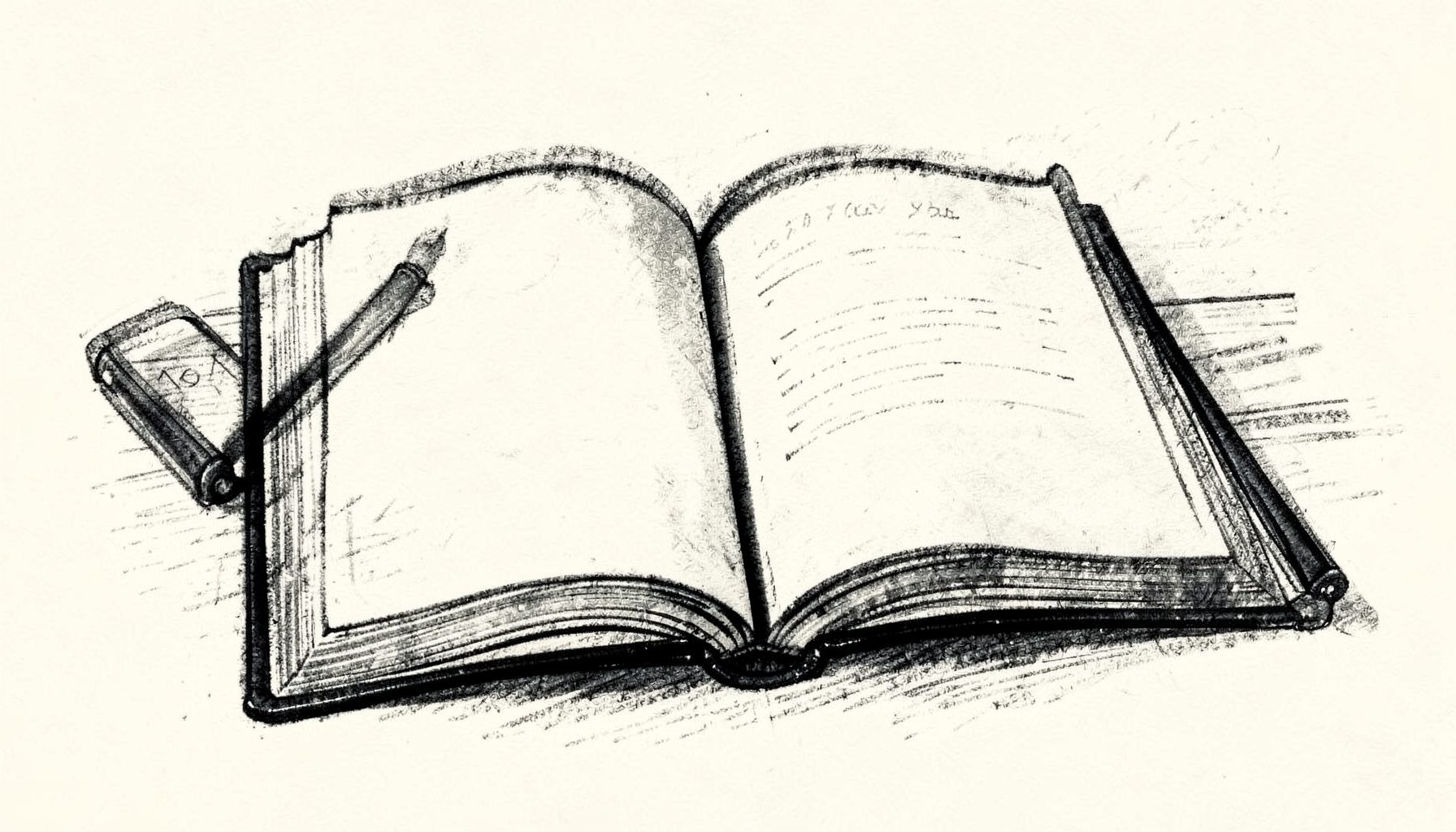 Charcoal illustration of an open medical journal on a wooden surface, monochrome with soft cream background.
