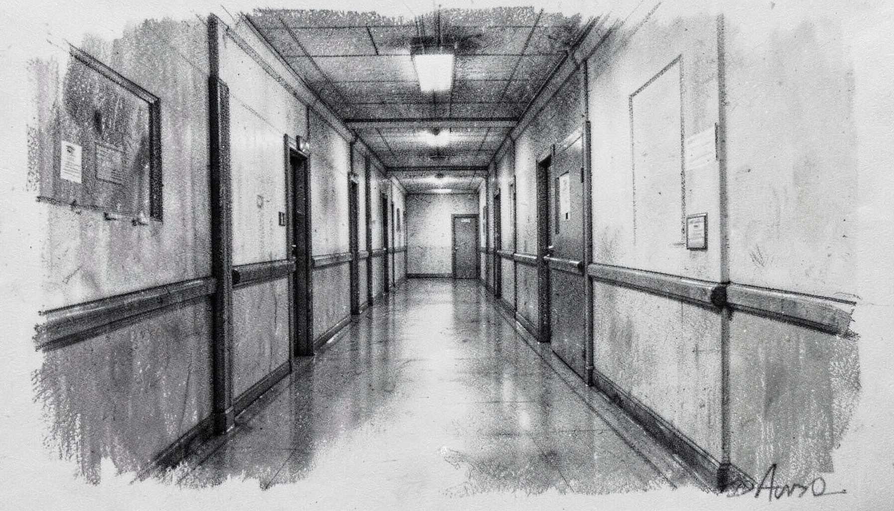 Charcoal drawing of a hospital corridor with soft directional light, neutral greys and quiet, contemplative atmosphere.