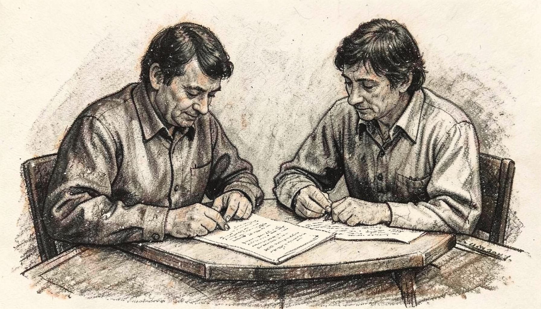 Charcoal drawing of two people seated at a table reviewing documents, soft monochrome with warm undertones.