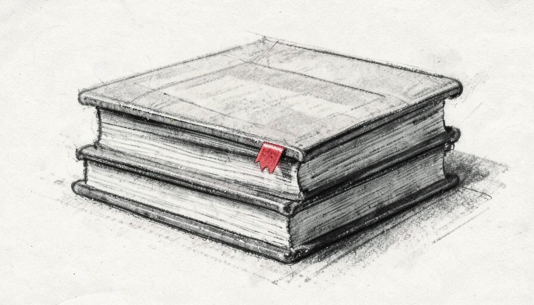 Charcoal sketch of stacked medical textbooks in soft grey tones with a single red bookmark, calm study atmosphere.